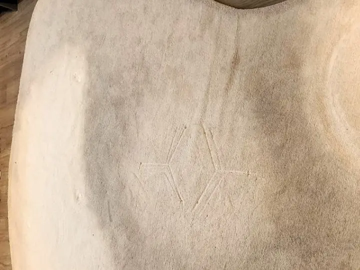 Tapete claro de pelo com áreas acinzentadas de sujeira e marcas de uso, antes da lavagem